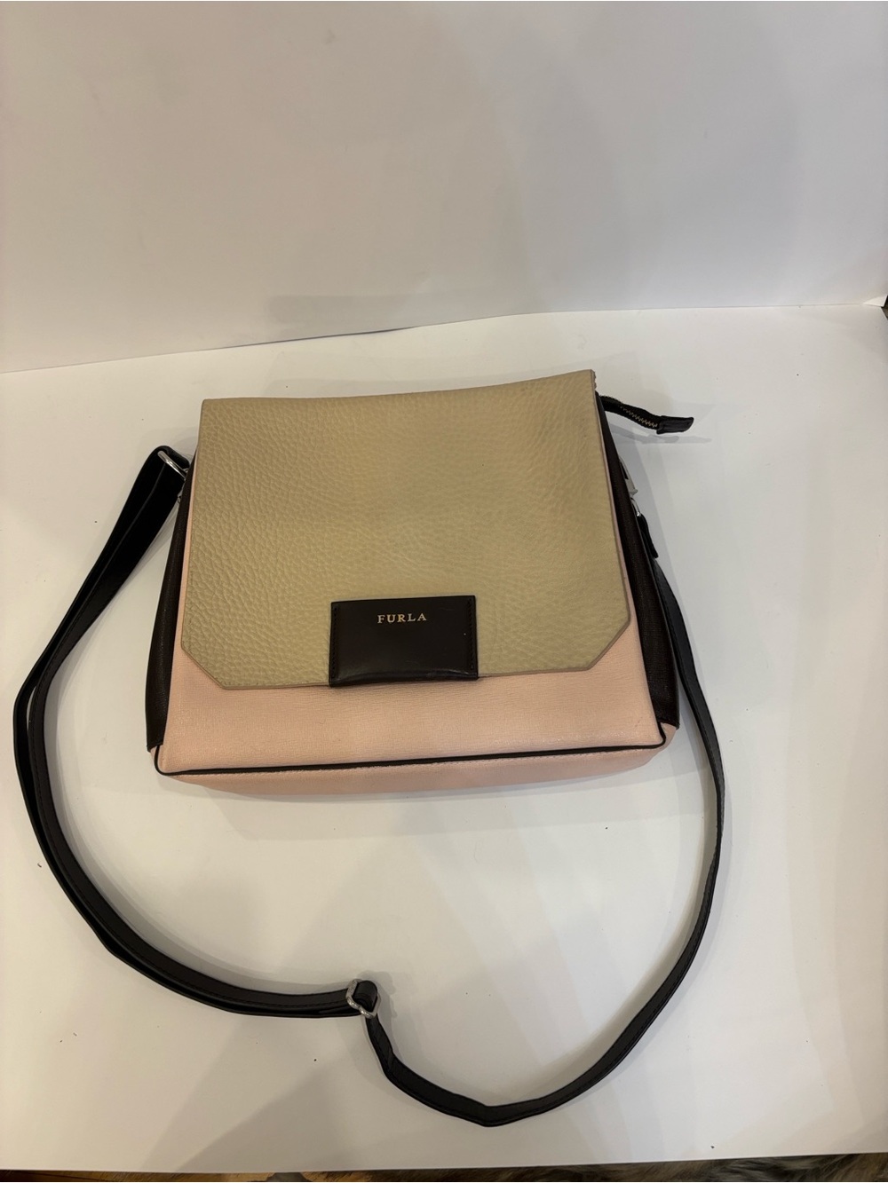 Furla Two-Tone Leather Crossbody in Beige, Pink and Black